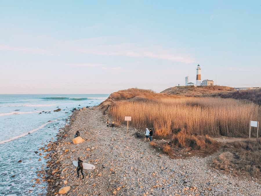 Montauk Lighthouse and surfers