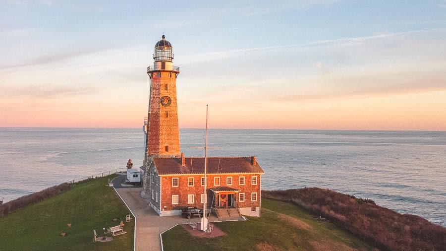 Montauk Lighthouse with holiday lights and wreath