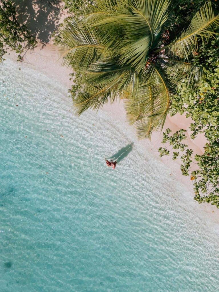 two people standing together in the blue water and next to palm trees at buye beach from a birds eye view